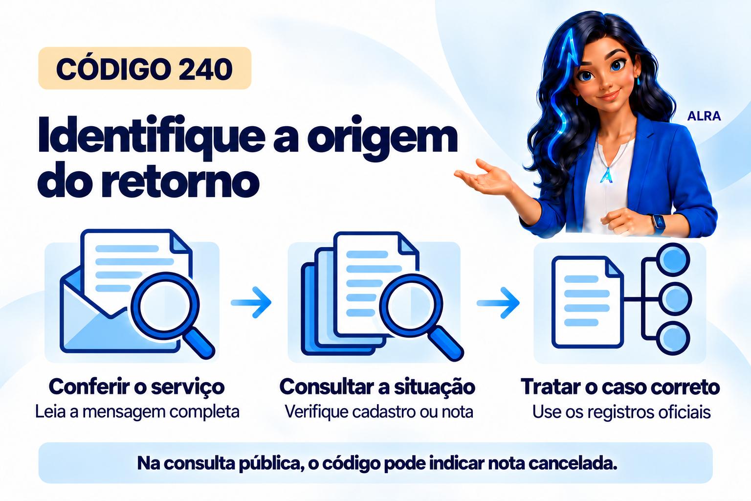 Capa ilustrada da ALRA: Código 240: irregularidade fiscal no evento ou NF-e cancelada na consulta.