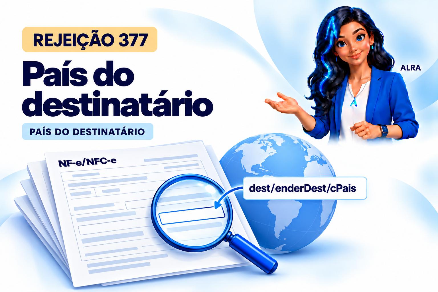 Capa ilustrada da ALRA: Rejeição 377: como corrigir o país do destinatário na NF-e.