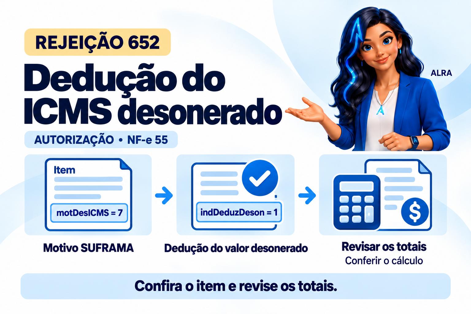 Capa ilustrada da ALRA: Rejeição 652: confira a dedução do ICMS desonerado na NF-e.