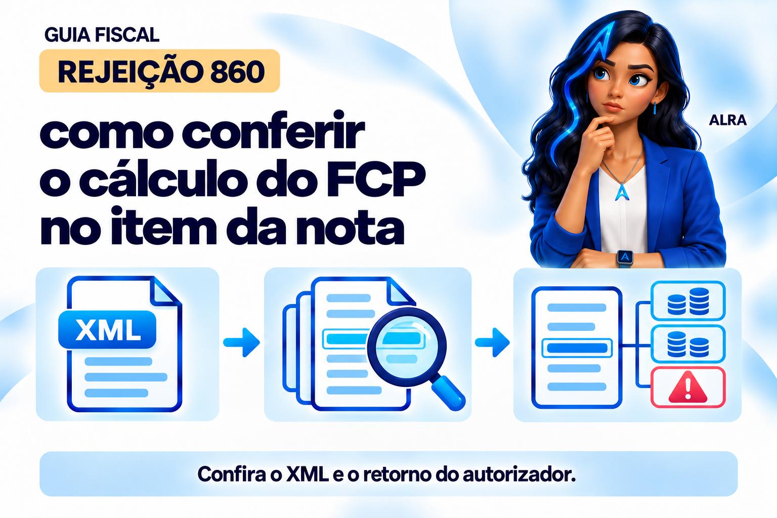 Capa ilustrada da ALRA: Rejeição 860: como conferir o cálculo do FCP no item da nota.