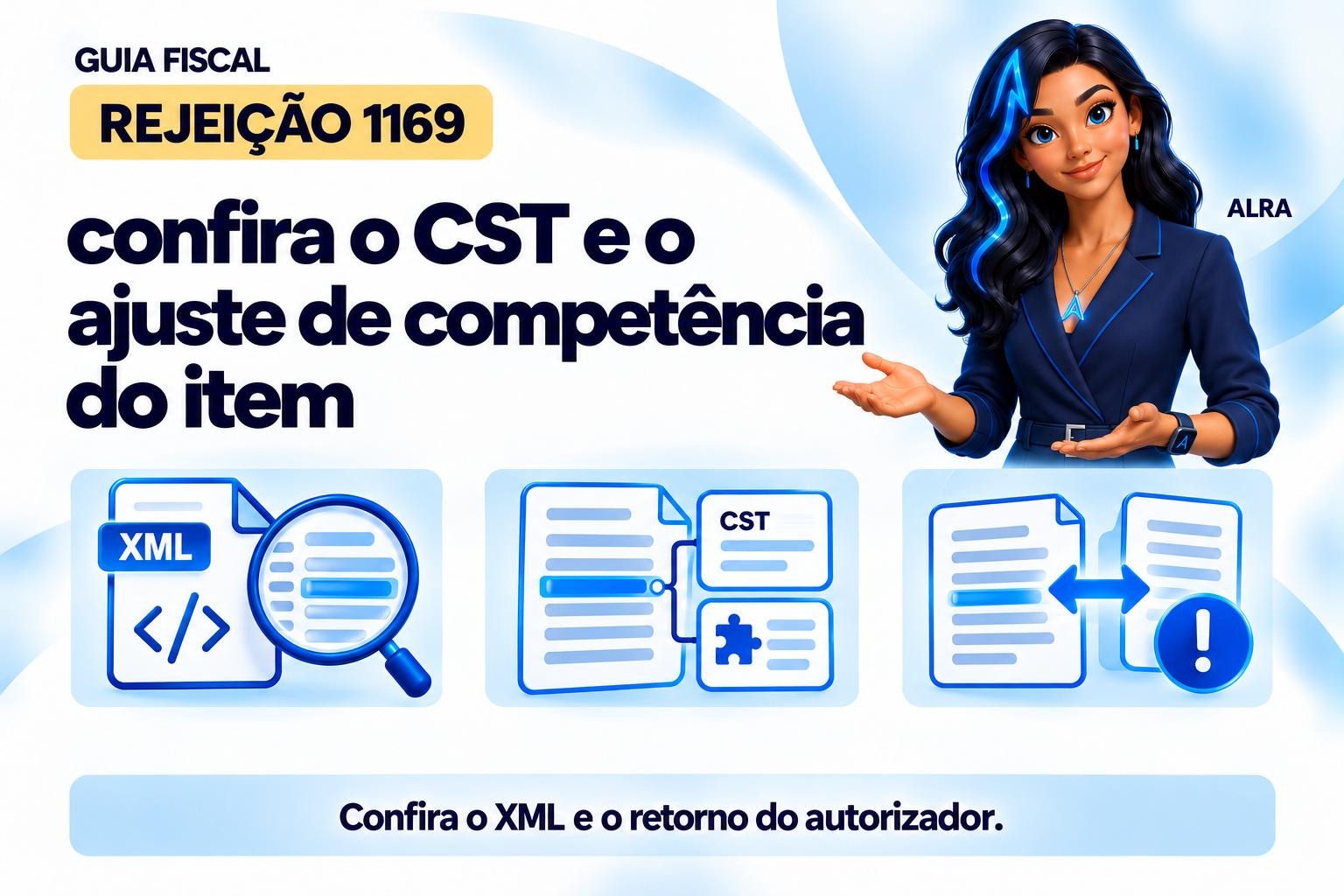 Capa ilustrada da ALRA: Rejeição 1169: confira o CST e o ajuste de competência do item.