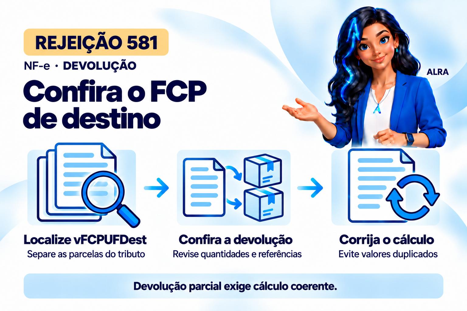 Capa ilustrada da ALRA: Rejeição 581: como conferir o FCP da UF de destino na devolução.