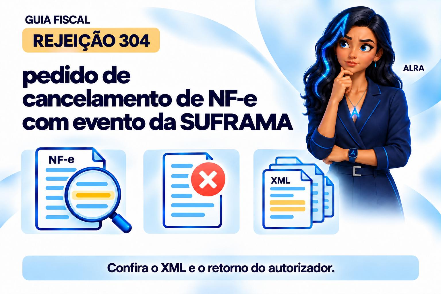 Capa ilustrada da ALRA: Rejeição 304: pedido de cancelamento de NF-e com evento da SUFRAMA.