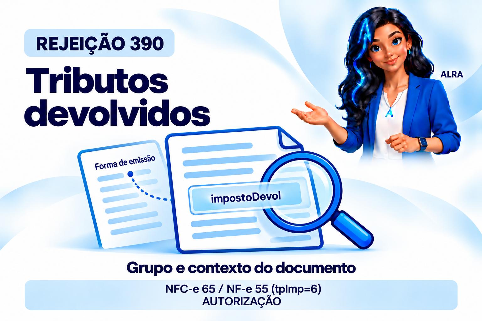Capa ilustrada da ALRA: Rejeição 390: grupo de devolução de tributos no documento inadequado.
