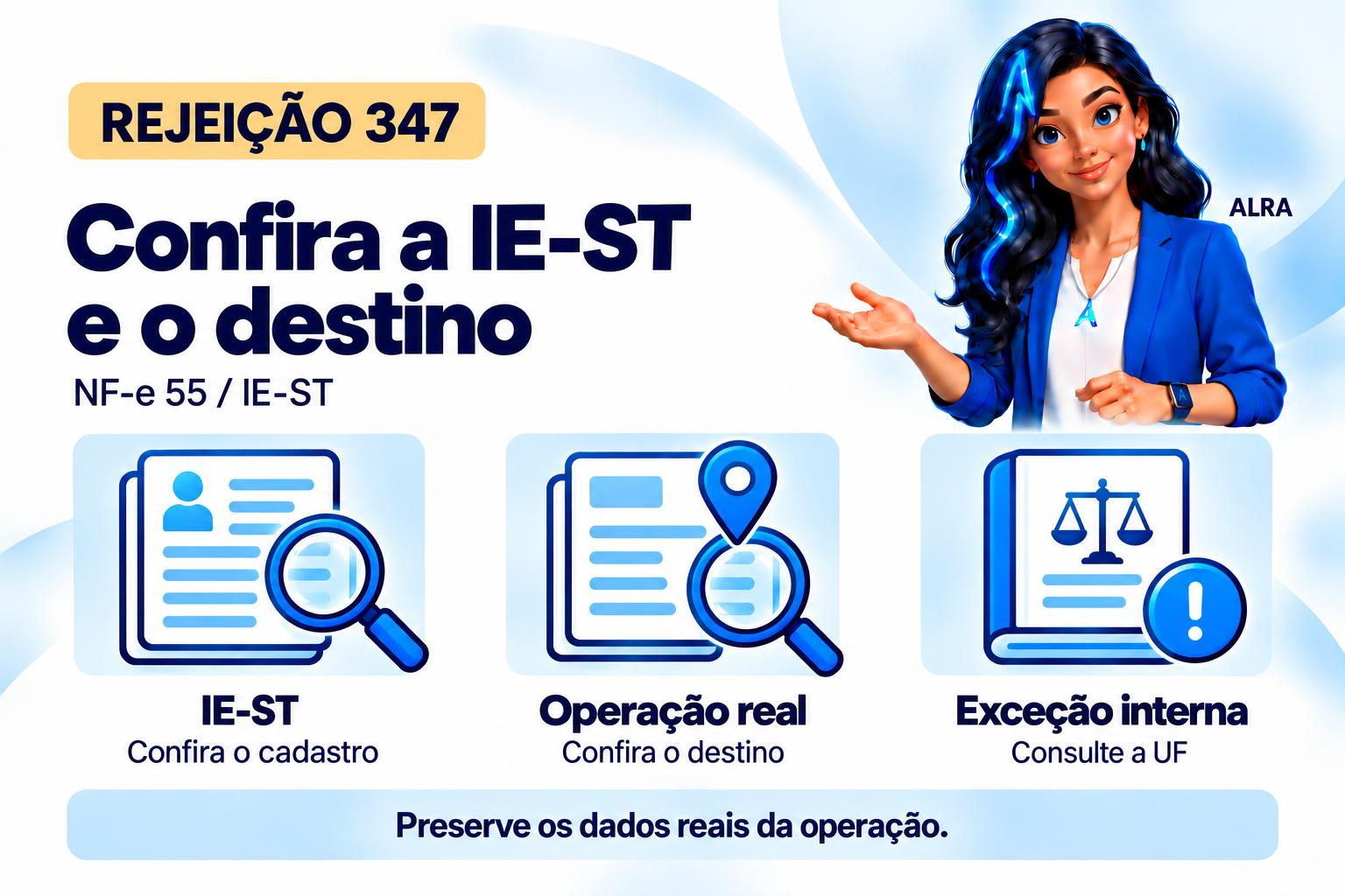 Capa ilustrada da ALRA: Rejeição 347 na NF-e: confira a IE-ST e o destino real da operação.