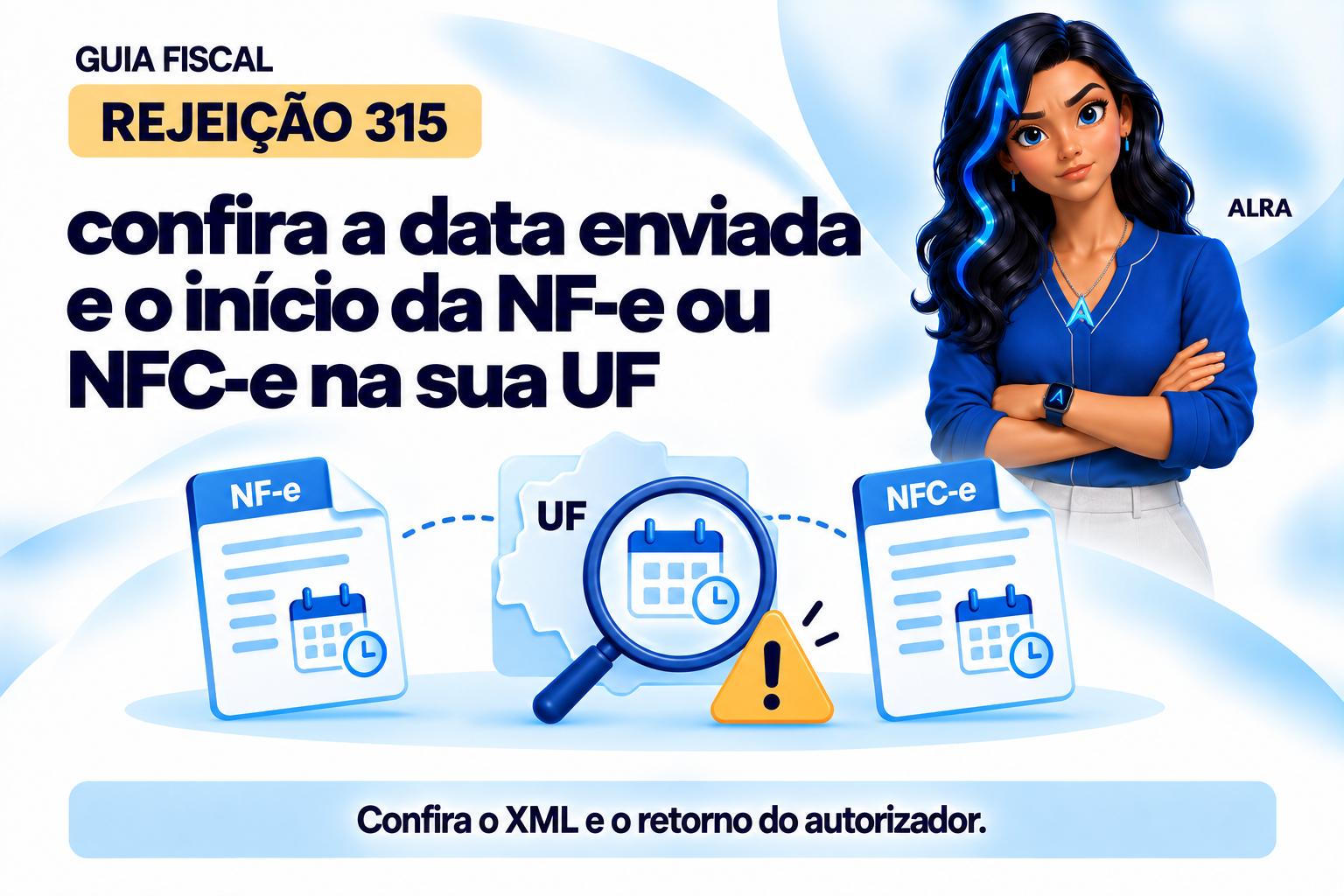 Capa ilustrada da ALRA: Rejeição 315: confira a data enviada e o início da NF-e ou NFC-e na sua UF.