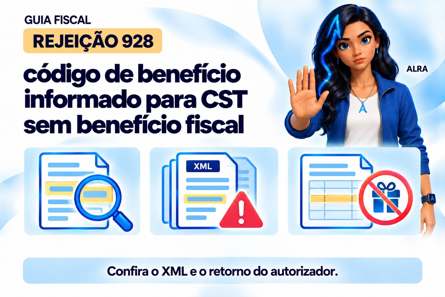 Capa ilustrada da ALRA: Rejeição 928: código de benefício informado para CST sem benefício fiscal.