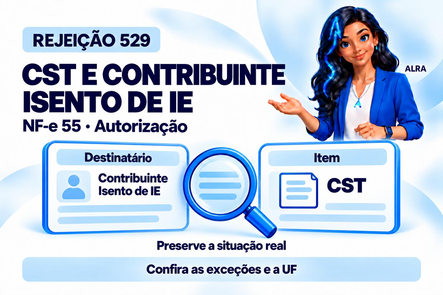 Capa ilustrada da ALRA: Rejeição 529: CST incompatível com destinatário contribuinte isento de IE.