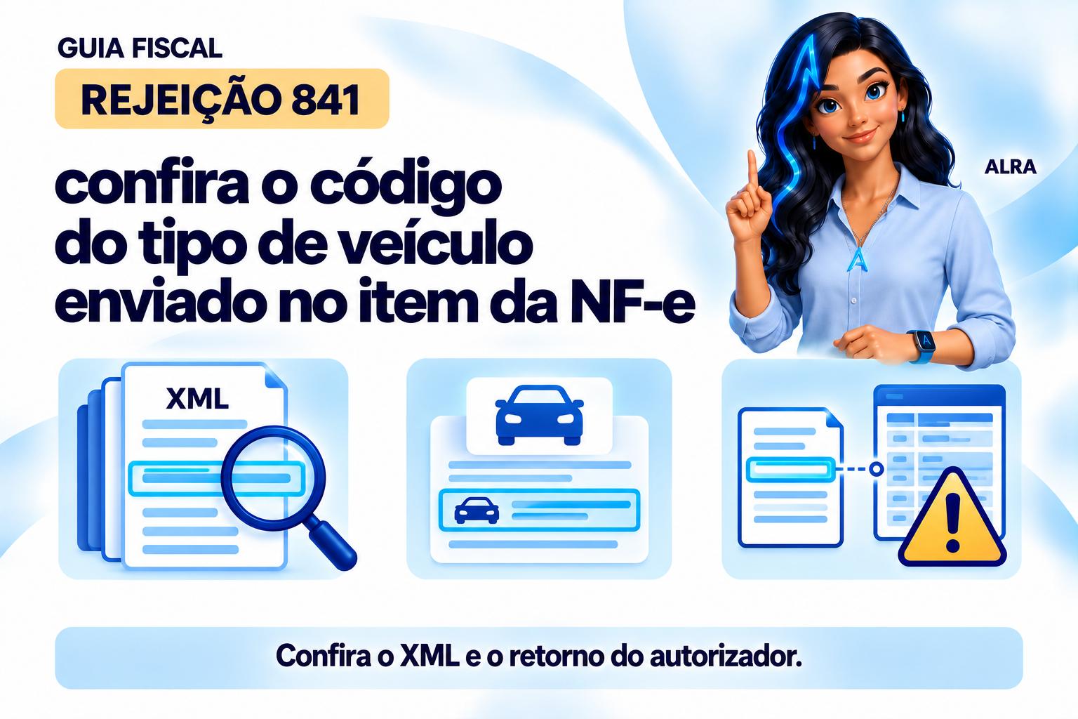 Capa ilustrada da ALRA: Rejeição 841: confira o código do tipo de veículo enviado no item da NF-e.