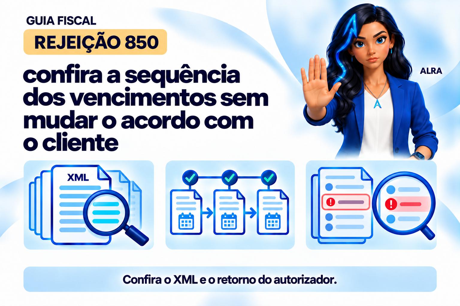 Capa ilustrada da ALRA: Rejeição 850: confira a sequência dos vencimentos sem mudar o acordo com o cliente.