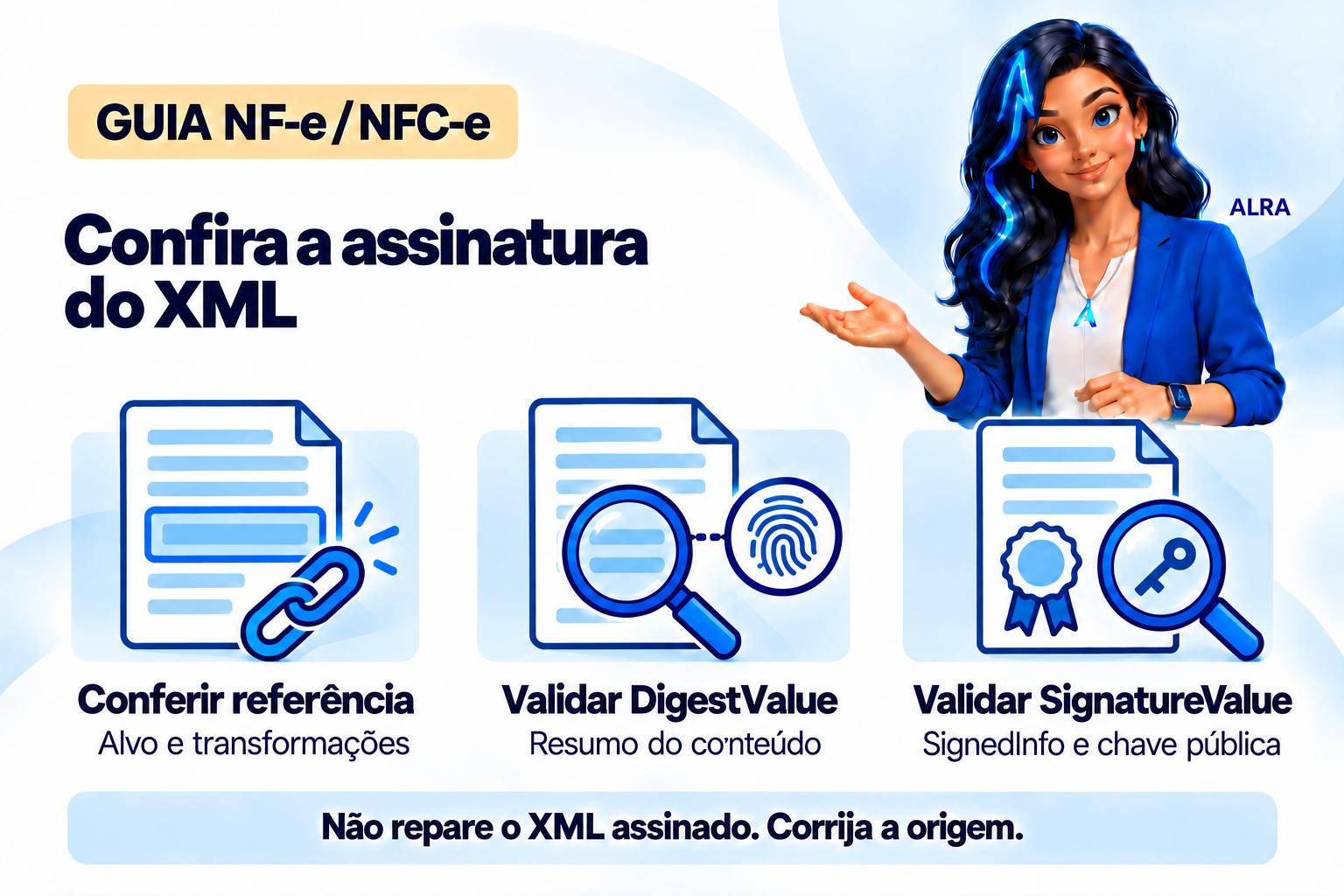 Capa ilustrada da ALRA: Como verificar a assinatura digital do XML da NF-e.