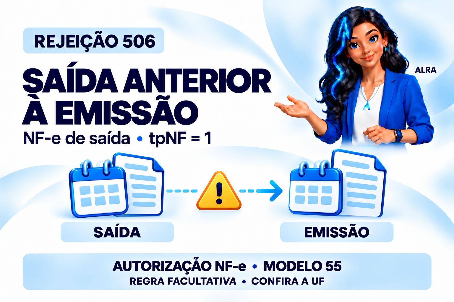 Capa ilustrada da ALRA: Rejeição 506: confira a ordem entre emissão e saída da NF-e.