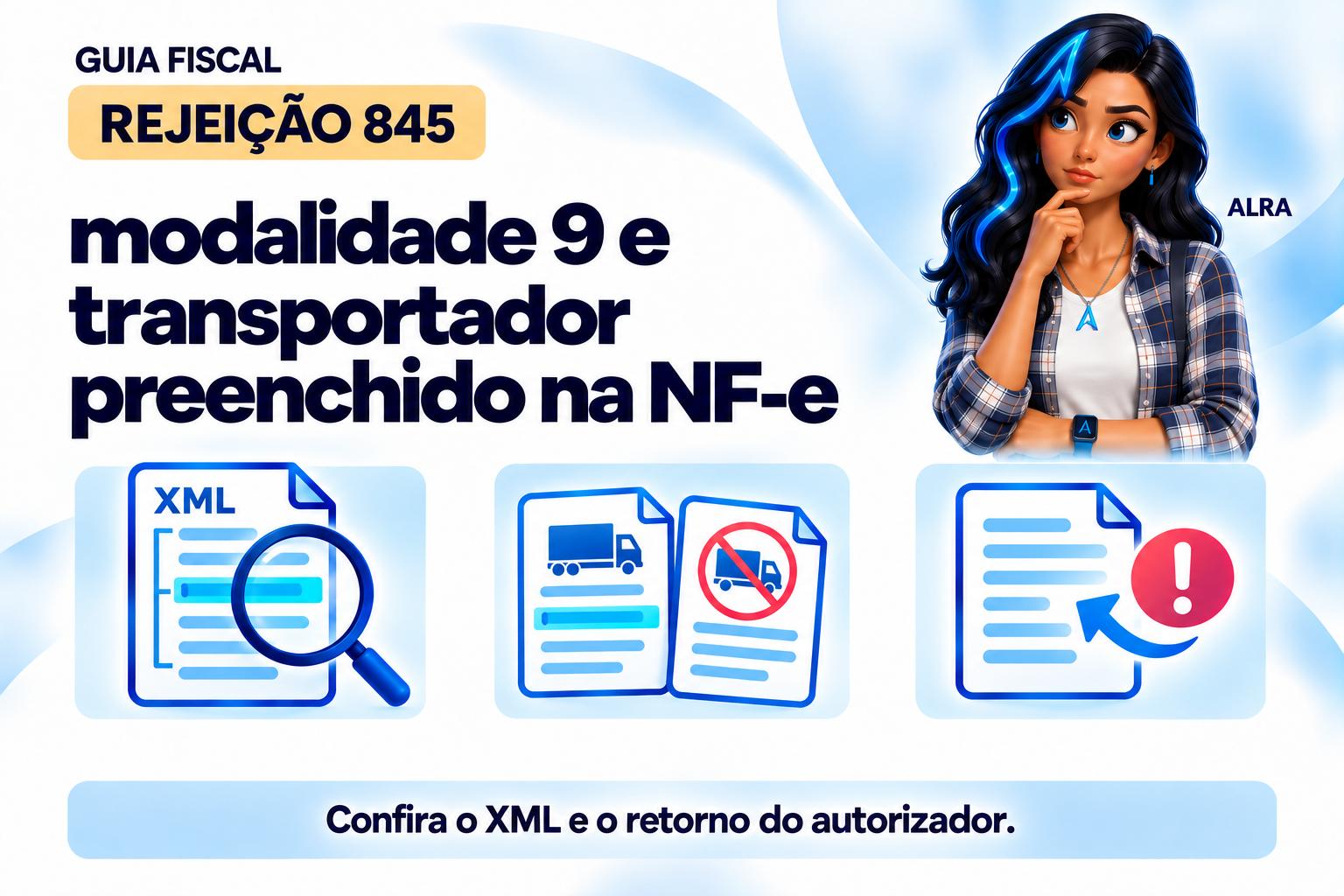 Capa ilustrada da ALRA: Rejeição 845: modalidade 9 e transportador preenchido na NF-e.