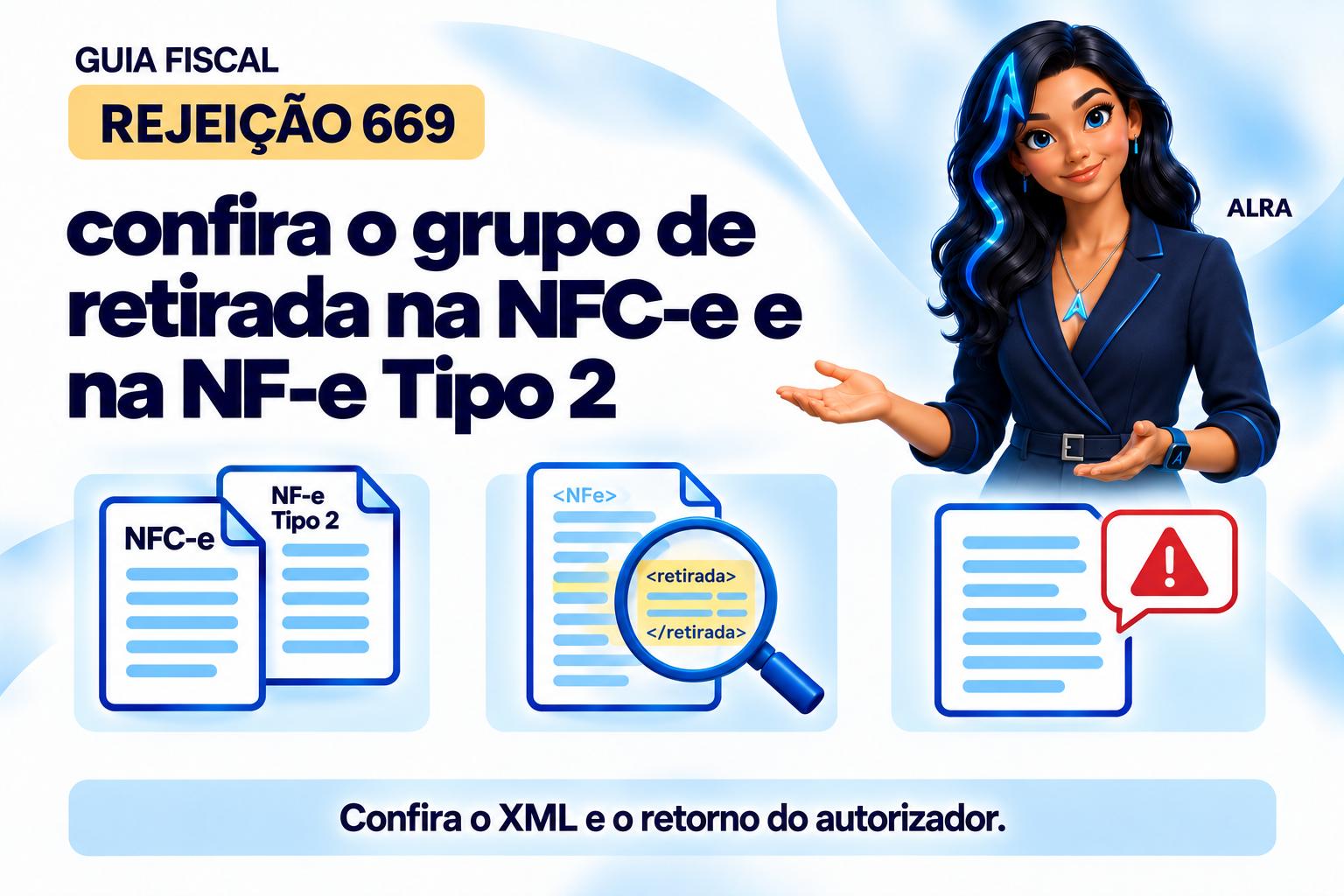 Capa ilustrada da ALRA: Rejeição 669: confira o grupo de retirada na NFC-e e na NF-e Tipo 2.