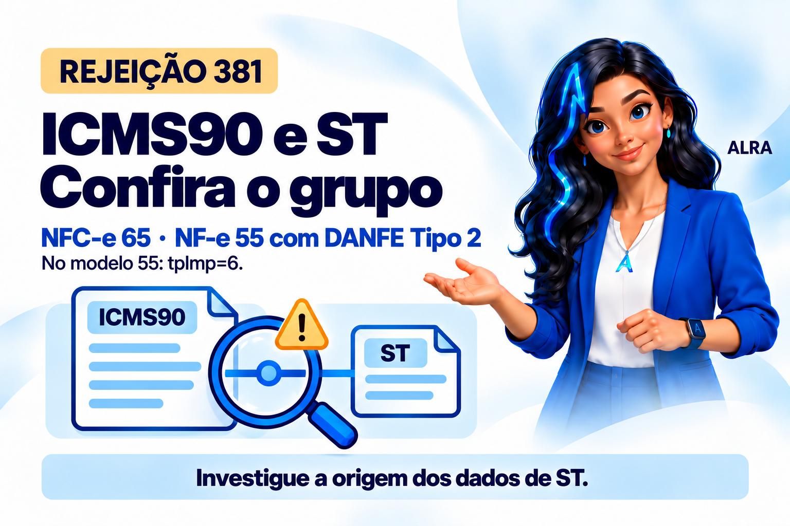 Capa ilustrada da ALRA: Rejeição 381: revise o ICMS-ST dentro do grupo ICMS90.