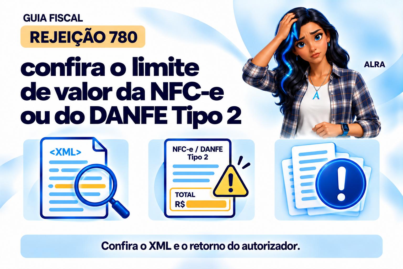 Capa ilustrada da ALRA: Rejeição 780: confira o limite de valor da NFC-e ou do DANFE Tipo 2.