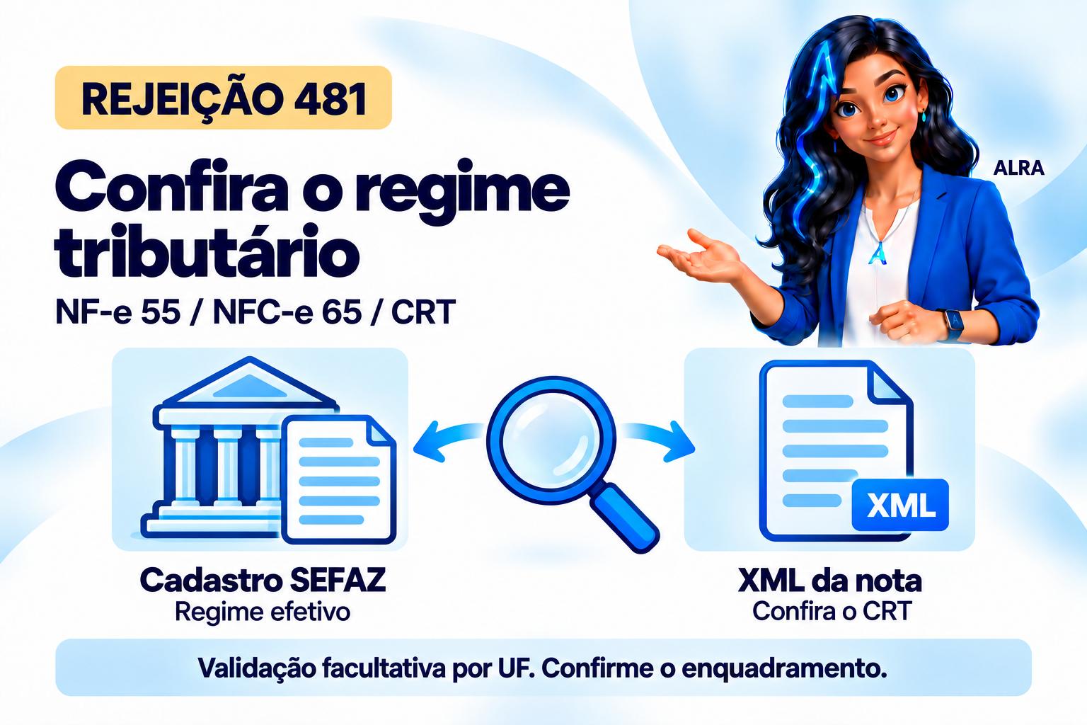 Capa ilustrada da ALRA: Rejeição 481: confira o regime tributário do emitente na SEFAZ e no XML.