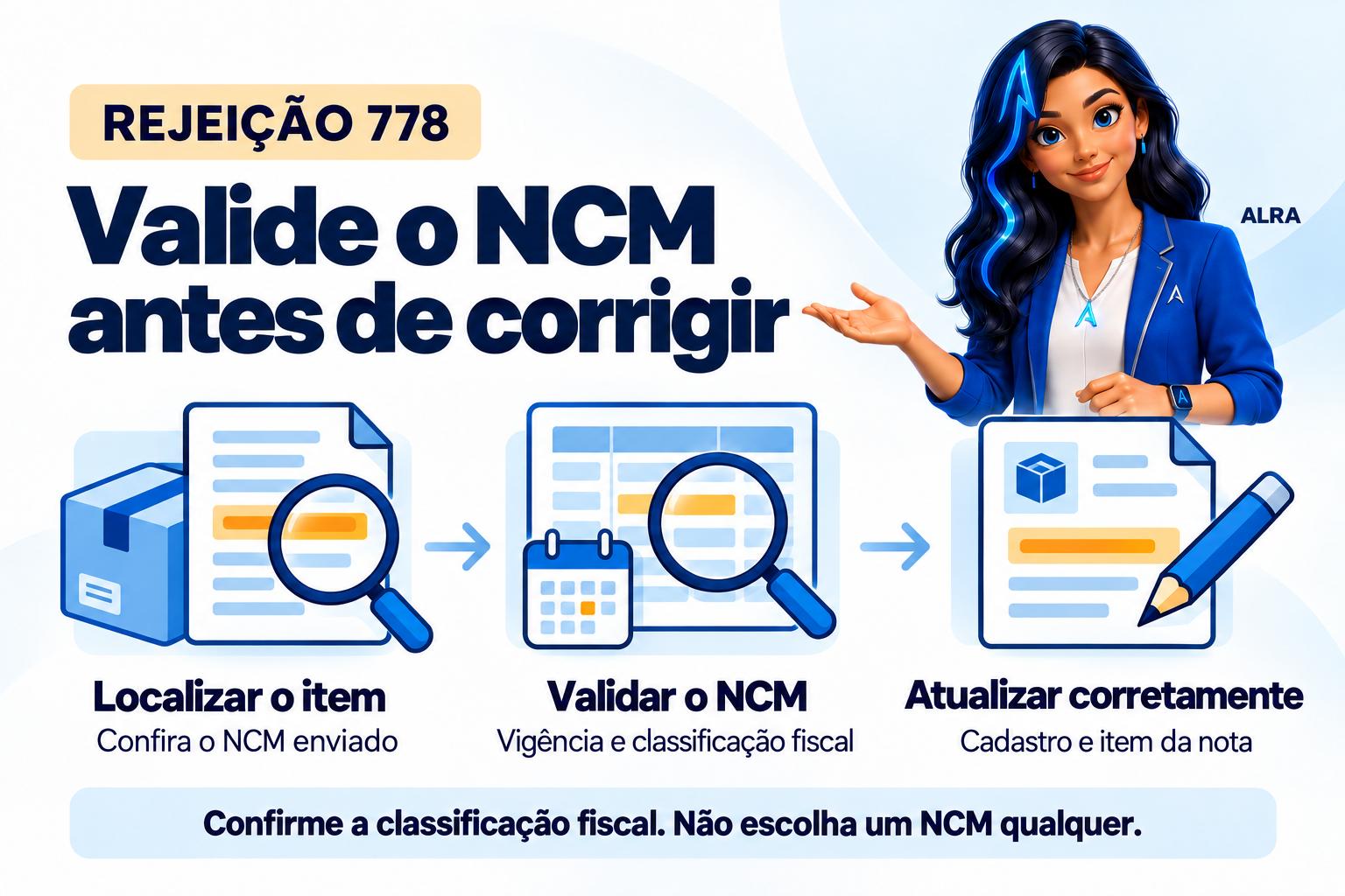 Capa ilustrada da ALRA: Rejeição 778: como corrigir NCM inexistente na NF-e e na NFC-e.