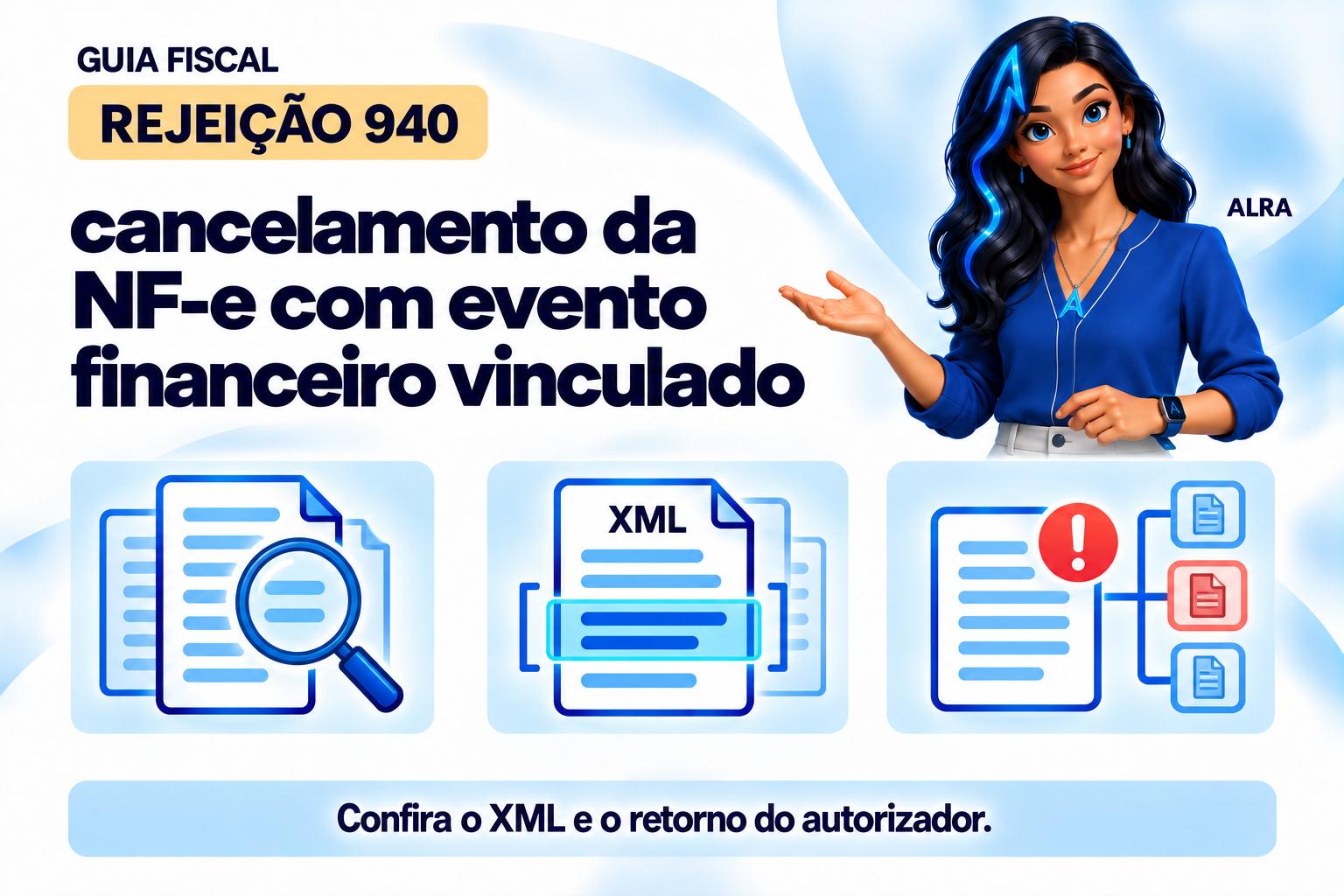 Capa ilustrada da ALRA: Rejeição 940: cancelamento da NF-e com evento financeiro vinculado.