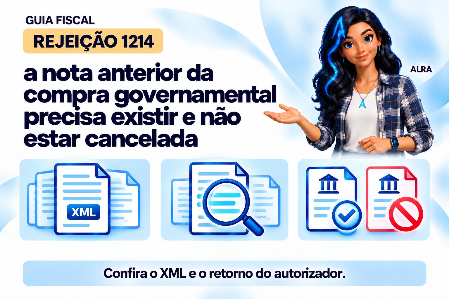 Capa ilustrada da ALRA: Rejeição 1214: a nota anterior da compra governamental precisa existir e não estar cancelada.