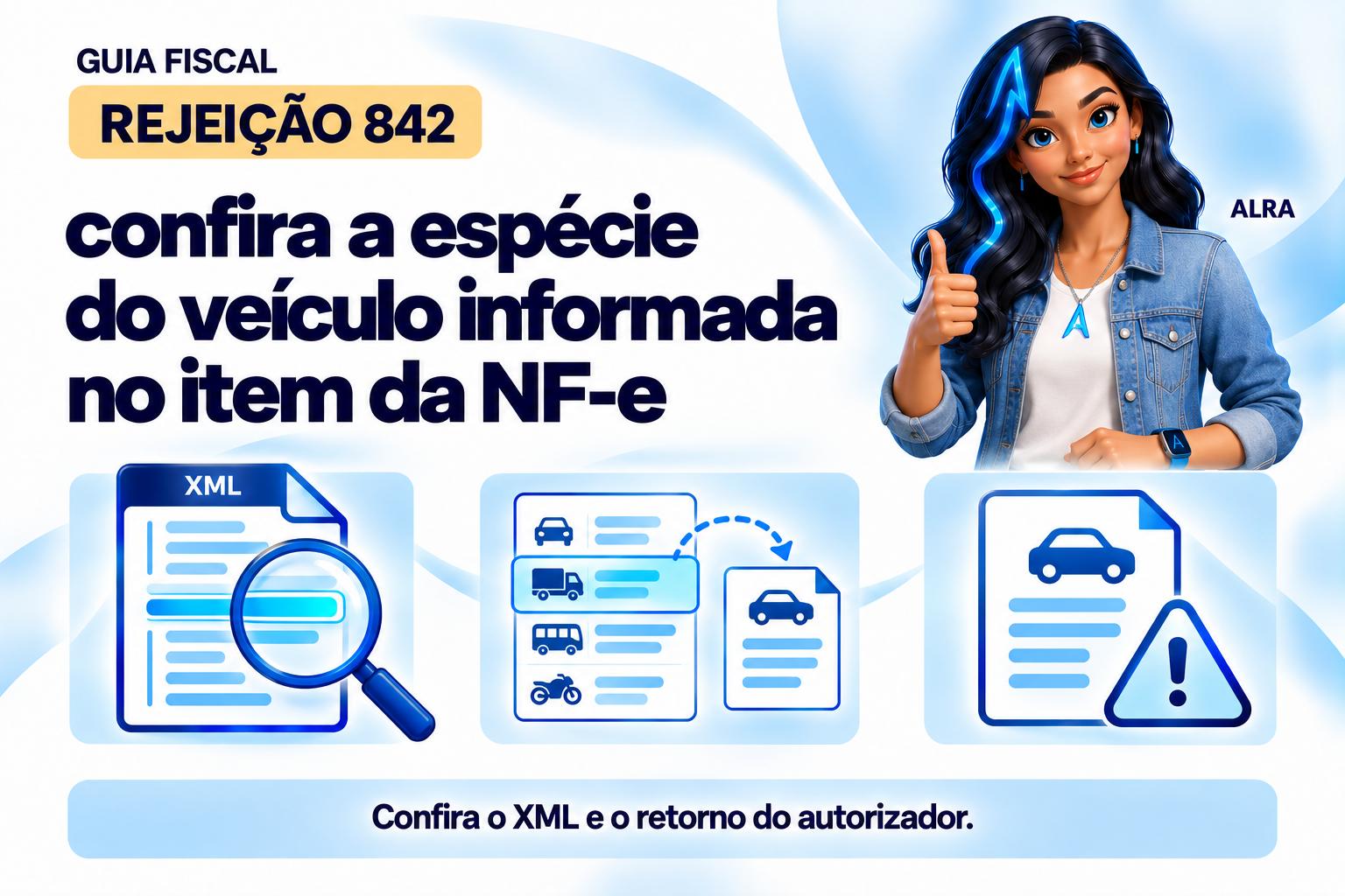Capa ilustrada da ALRA: Rejeição 842: confira a espécie do veículo informada no item da NF-e.