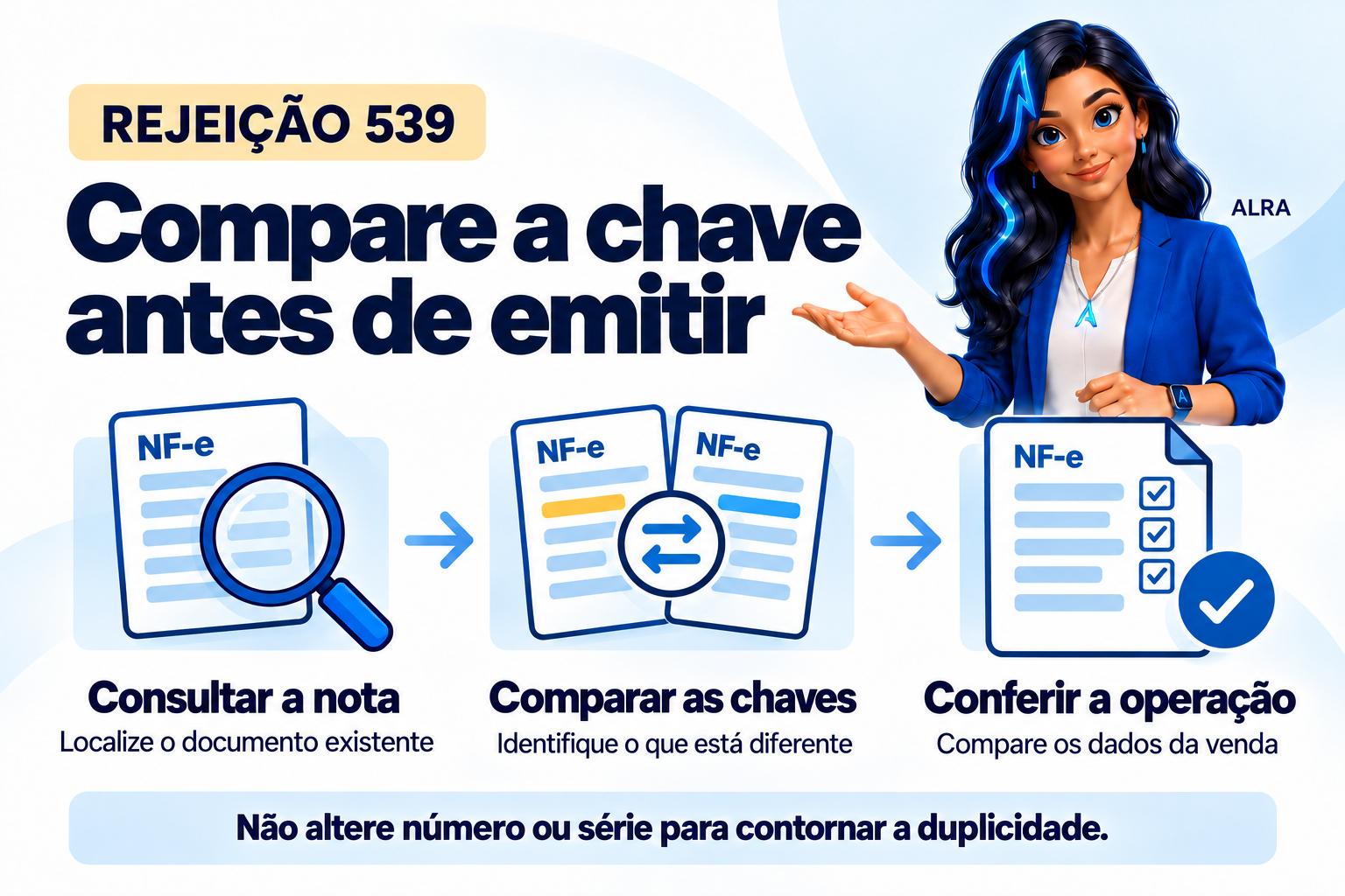 Capa ilustrada da ALRA: Rejeição 539: duplicidade com chave diferente. Localize a nota já registrada.