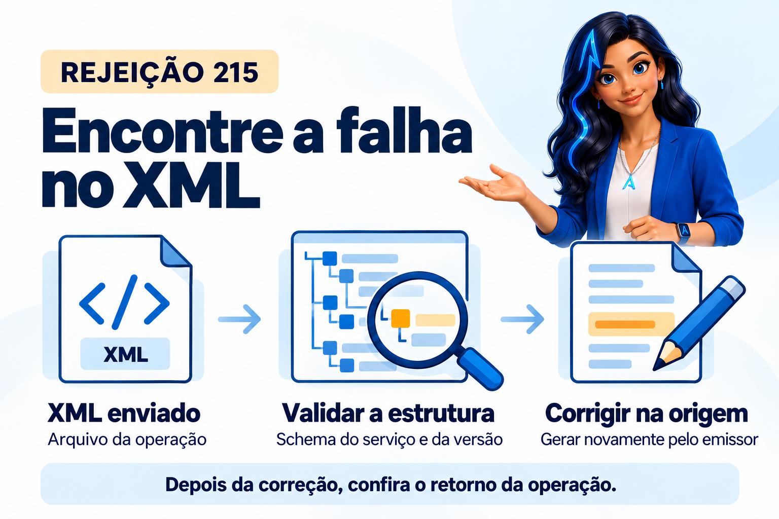Capa ilustrada da ALRA: Rejeição 215: como identificar e corrigir a falha no schema XML.