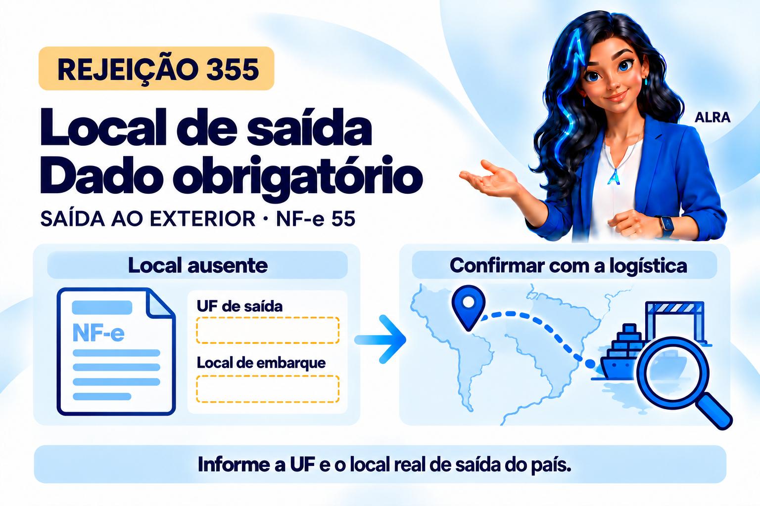 Capa ilustrada da ALRA: Rejeição 355: como informar o local real de saída do país na NF-e.