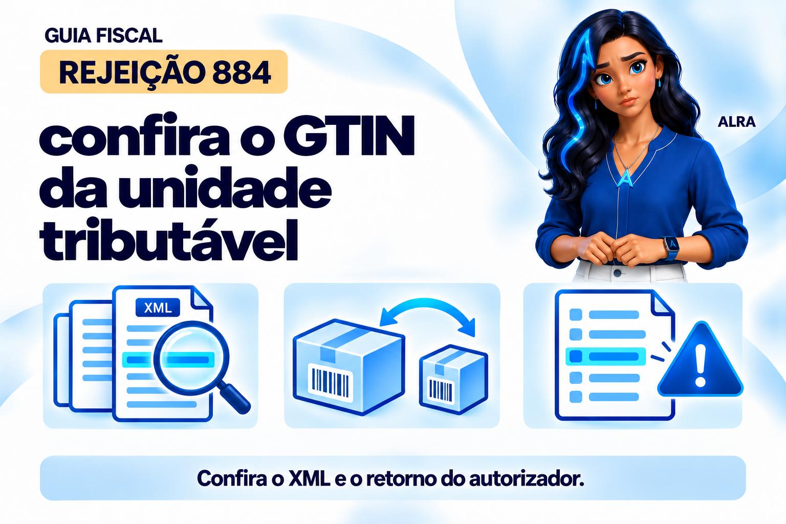 Capa ilustrada da ALRA: Rejeição 884: confira o GTIN da unidade tributável.