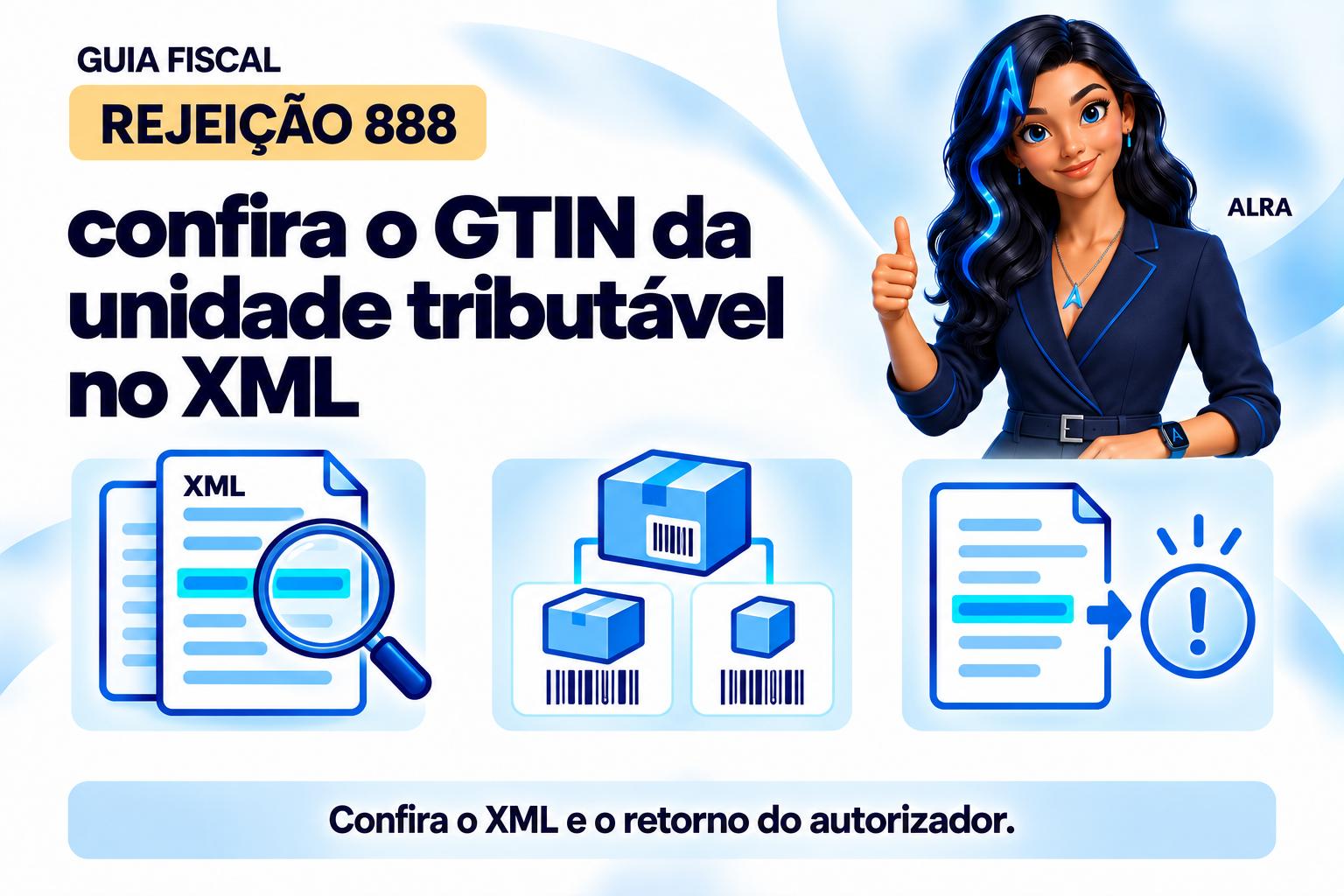 Capa ilustrada da ALRA: Rejeição 888: confira o GTIN da unidade tributável no XML.