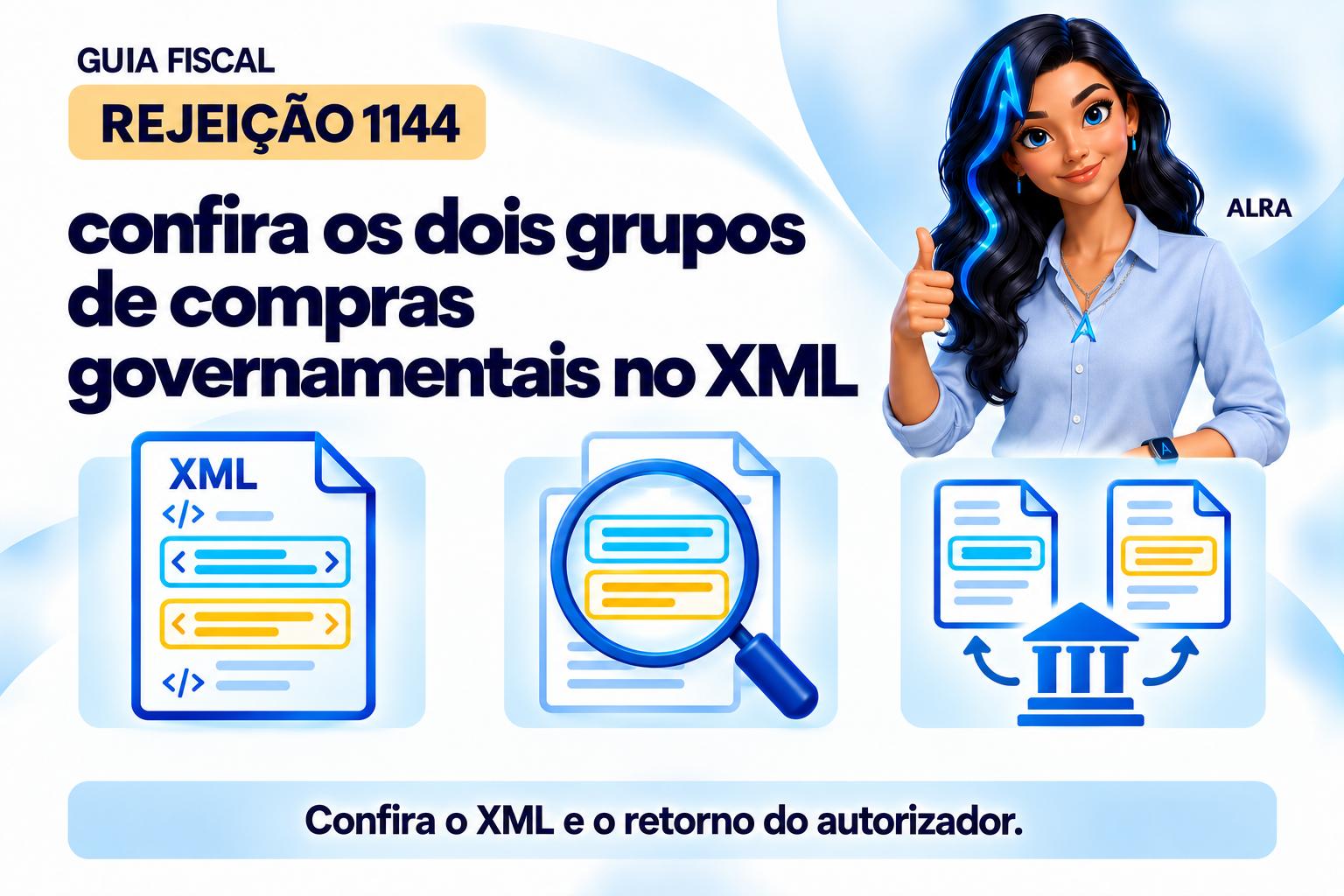 Capa ilustrada da ALRA: Rejeição 1144: confira os dois grupos de compras governamentais no XML.