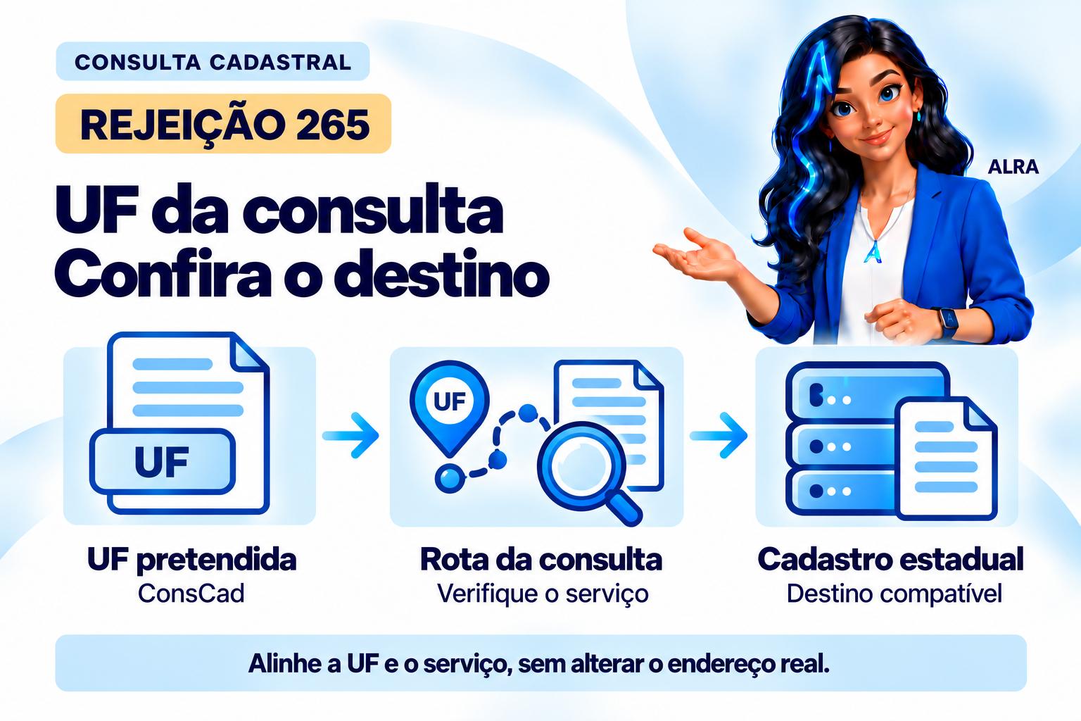 Capa ilustrada da ALRA: Rejeição 265: como alinhar a UF da consulta ao Web Service correto.