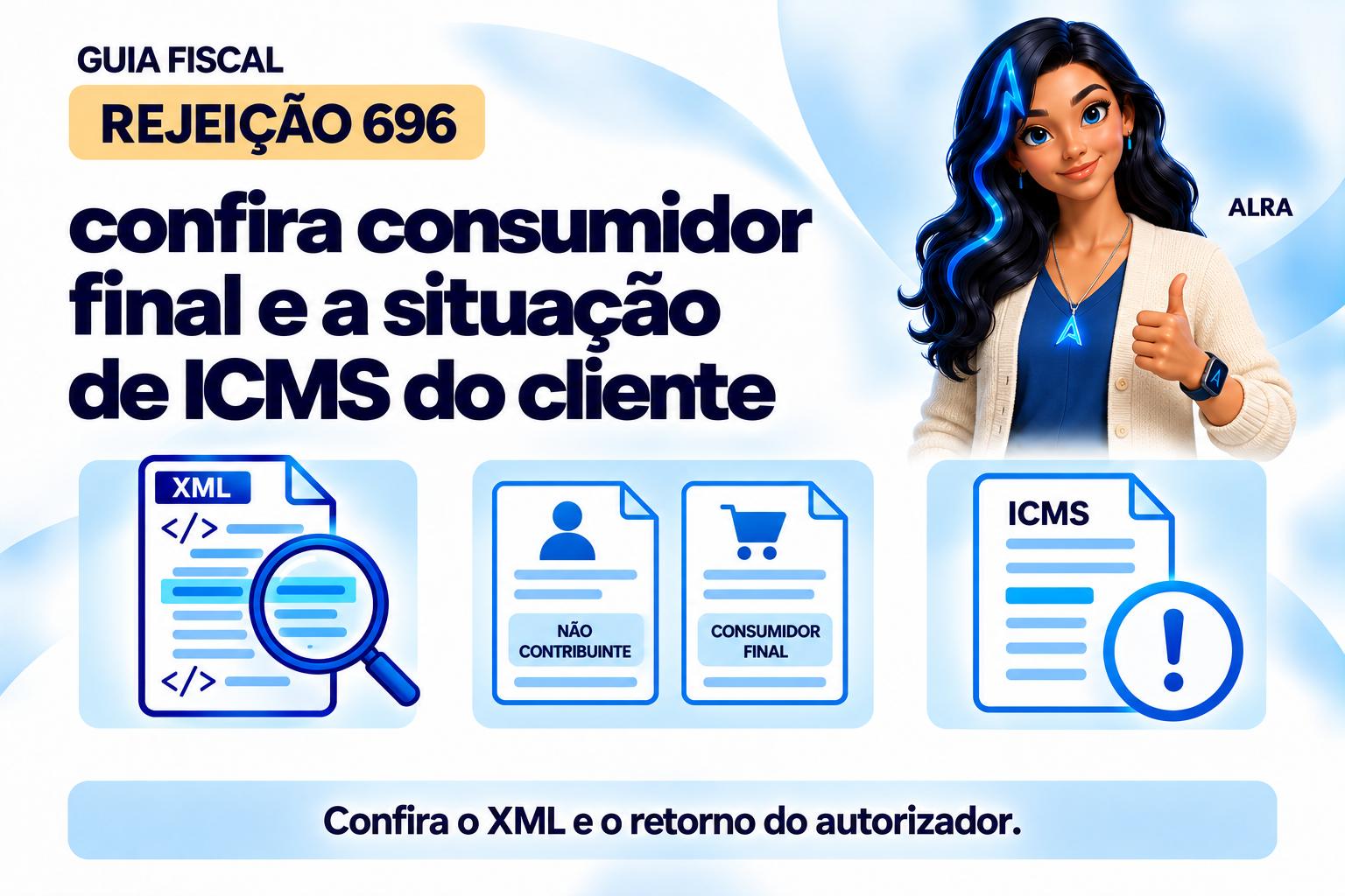 Capa ilustrada da ALRA: Rejeição 696: confira consumidor final e a situação de ICMS do cliente.