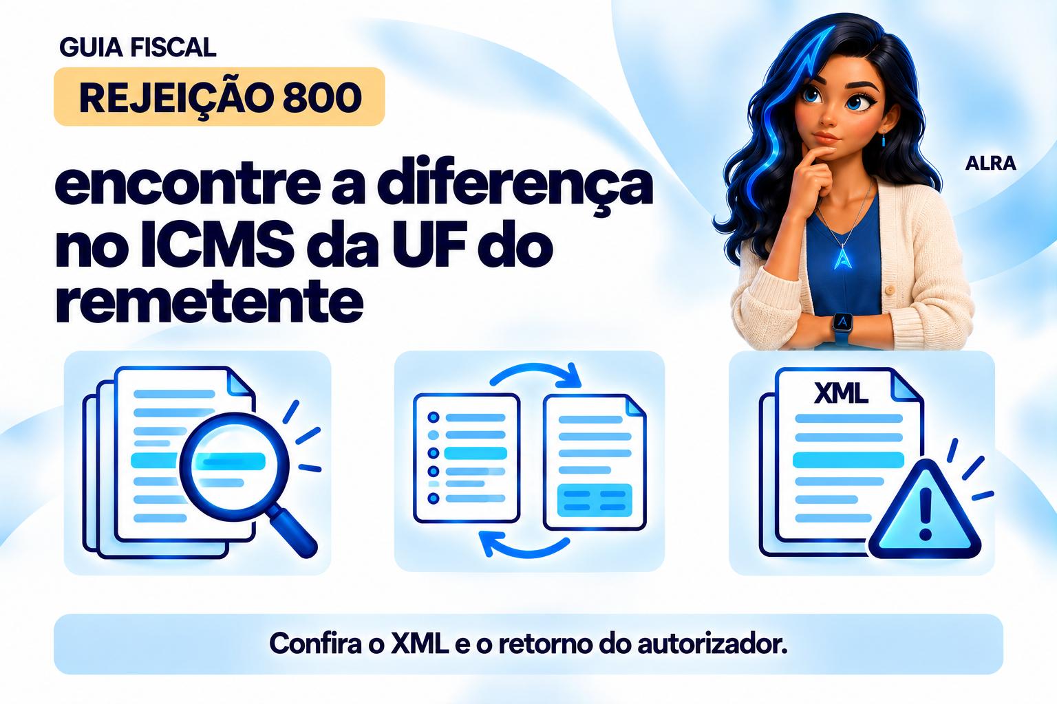 Capa ilustrada da ALRA: Rejeição 800: encontre a diferença no ICMS da UF do remetente.