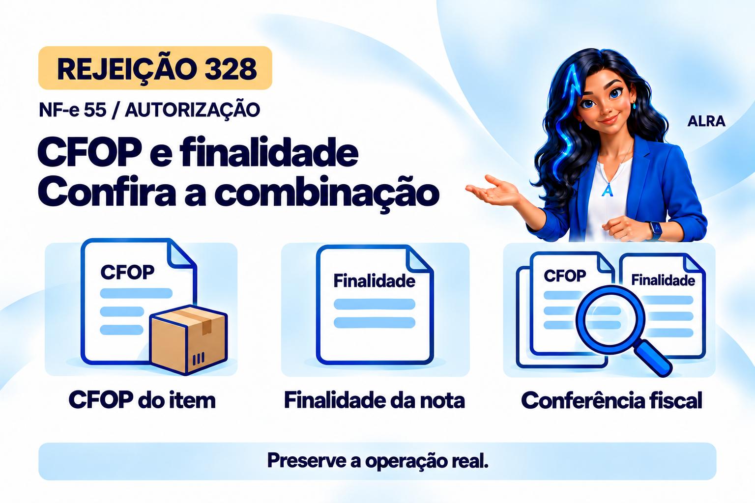 Capa ilustrada da ALRA: Rejeição 328 na NF-e: como conciliar o CFOP e a finalidade.