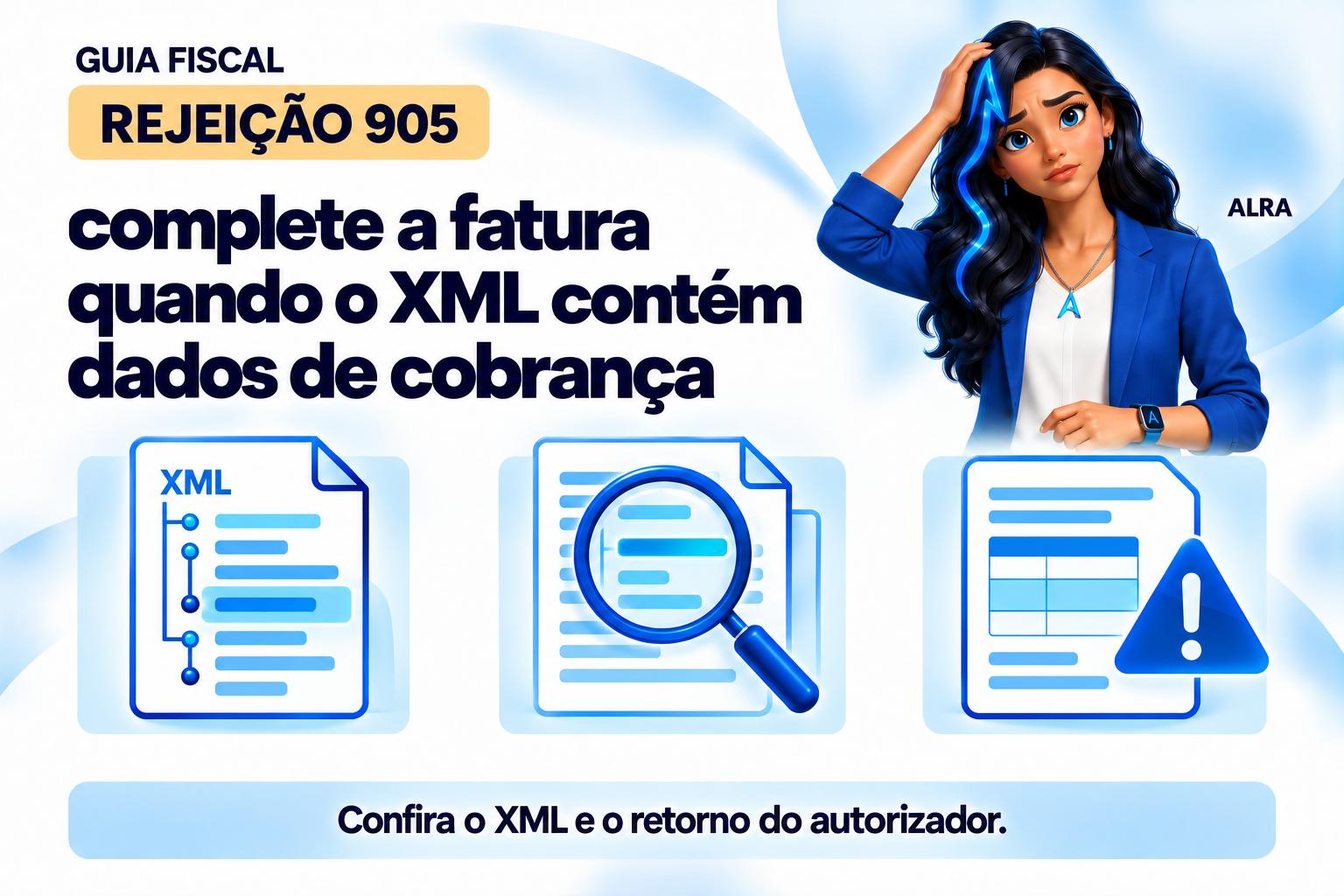 Capa ilustrada da ALRA: Rejeição 905: complete a fatura quando o XML contém dados de cobrança.