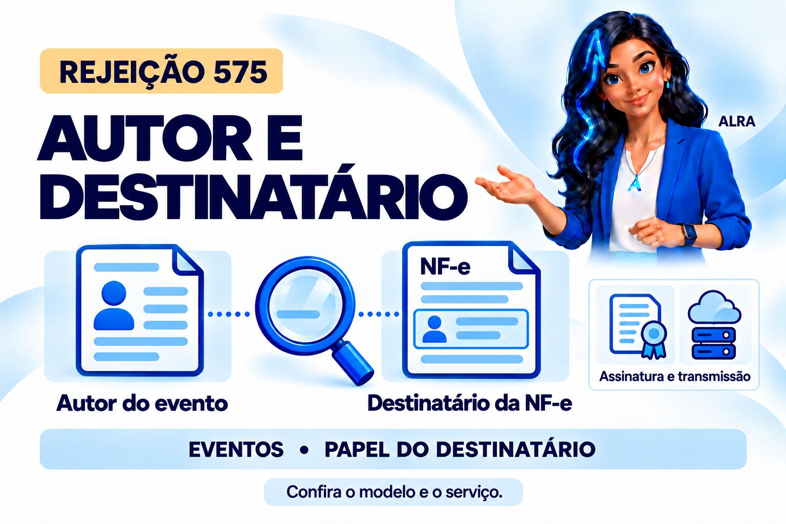Capa ilustrada da ALRA: Rejeição 575: confira o autor e o destinatário da NF-e.