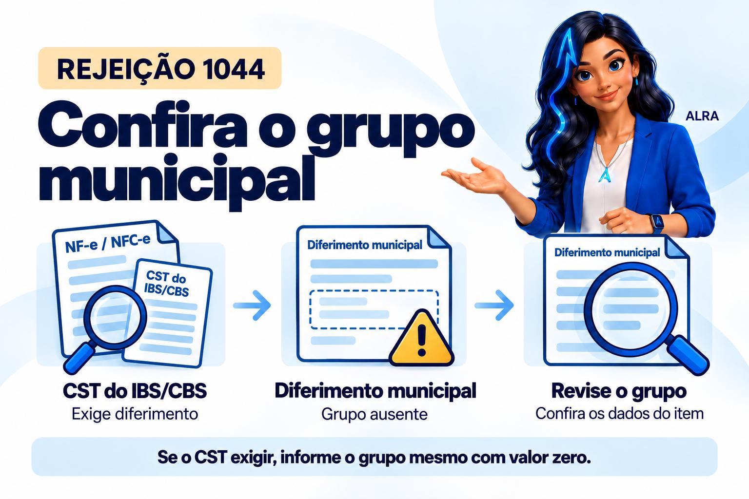 Capa ilustrada da ALRA: Rejeição 1044: informe o diferimento municipal exigido pelo CST do IBS/CBS.