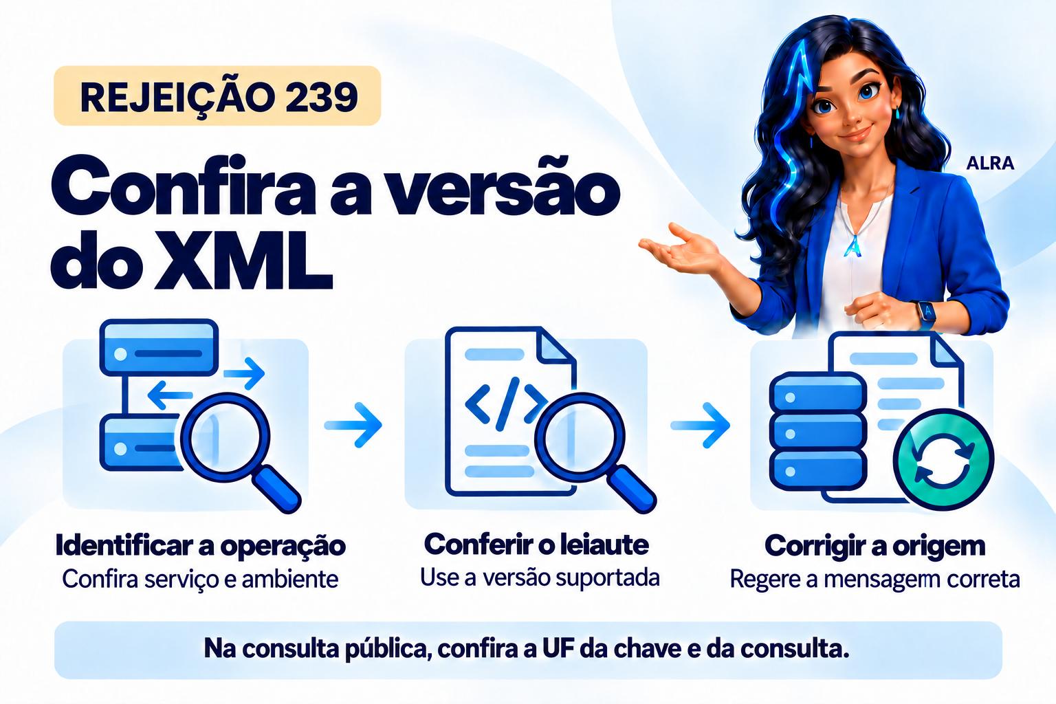 Capa ilustrada da ALRA: Rejeição 239: como corrigir uma versão de XML não suportada.