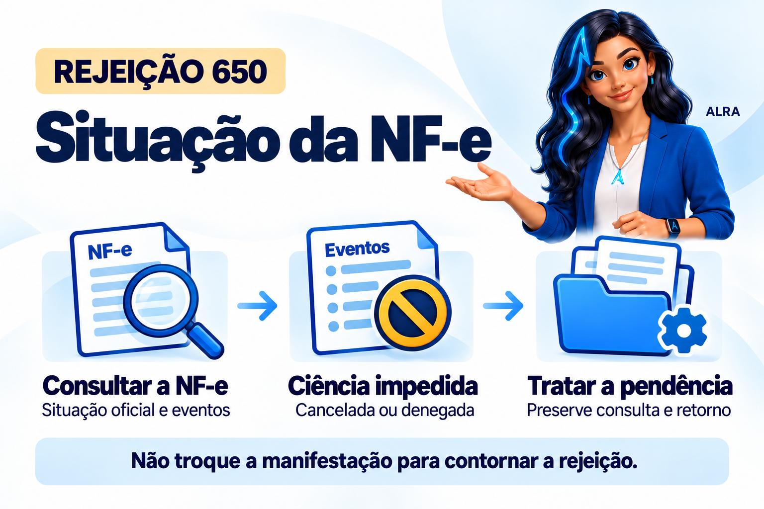 Capa ilustrada da ALRA: Rejeição 650: confira a situação da NF-e antes de registrar Ciência.