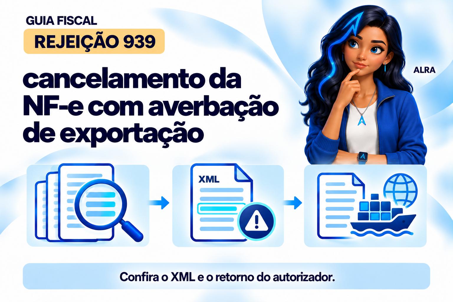 Capa ilustrada da ALRA: Rejeição 939: cancelamento da NF-e com averbação de exportação.