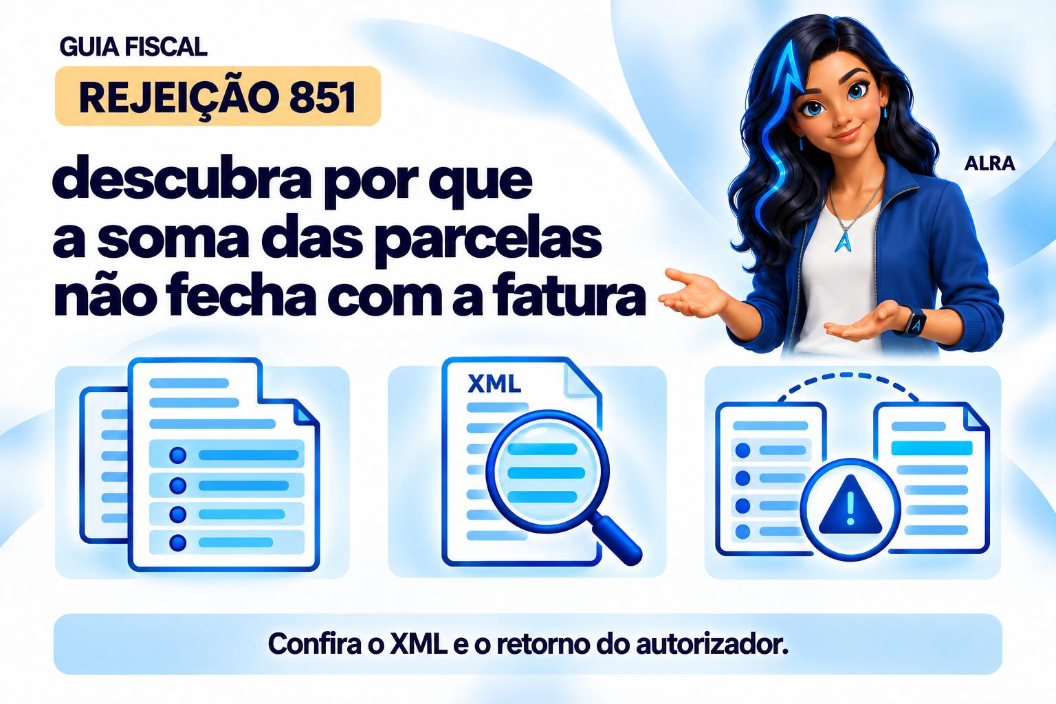 Capa ilustrada da ALRA: Rejeição 851: descubra por que a soma das parcelas não fecha com a fatura.