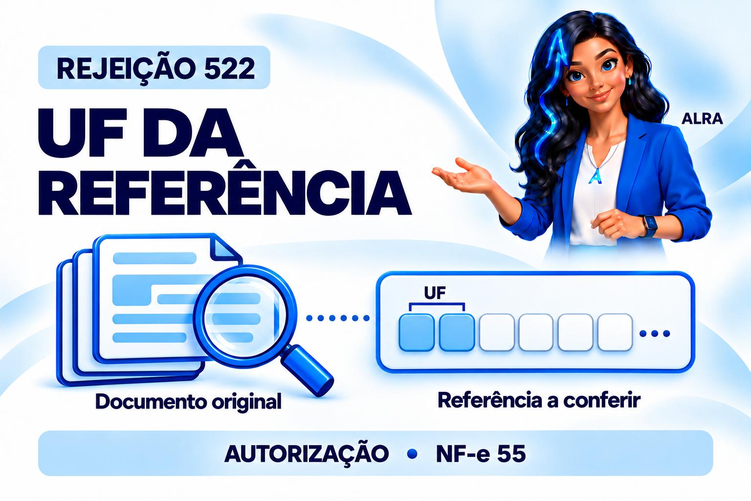 Capa ilustrada da ALRA: Rejeição 522: como conferir a UF da chave referenciada.