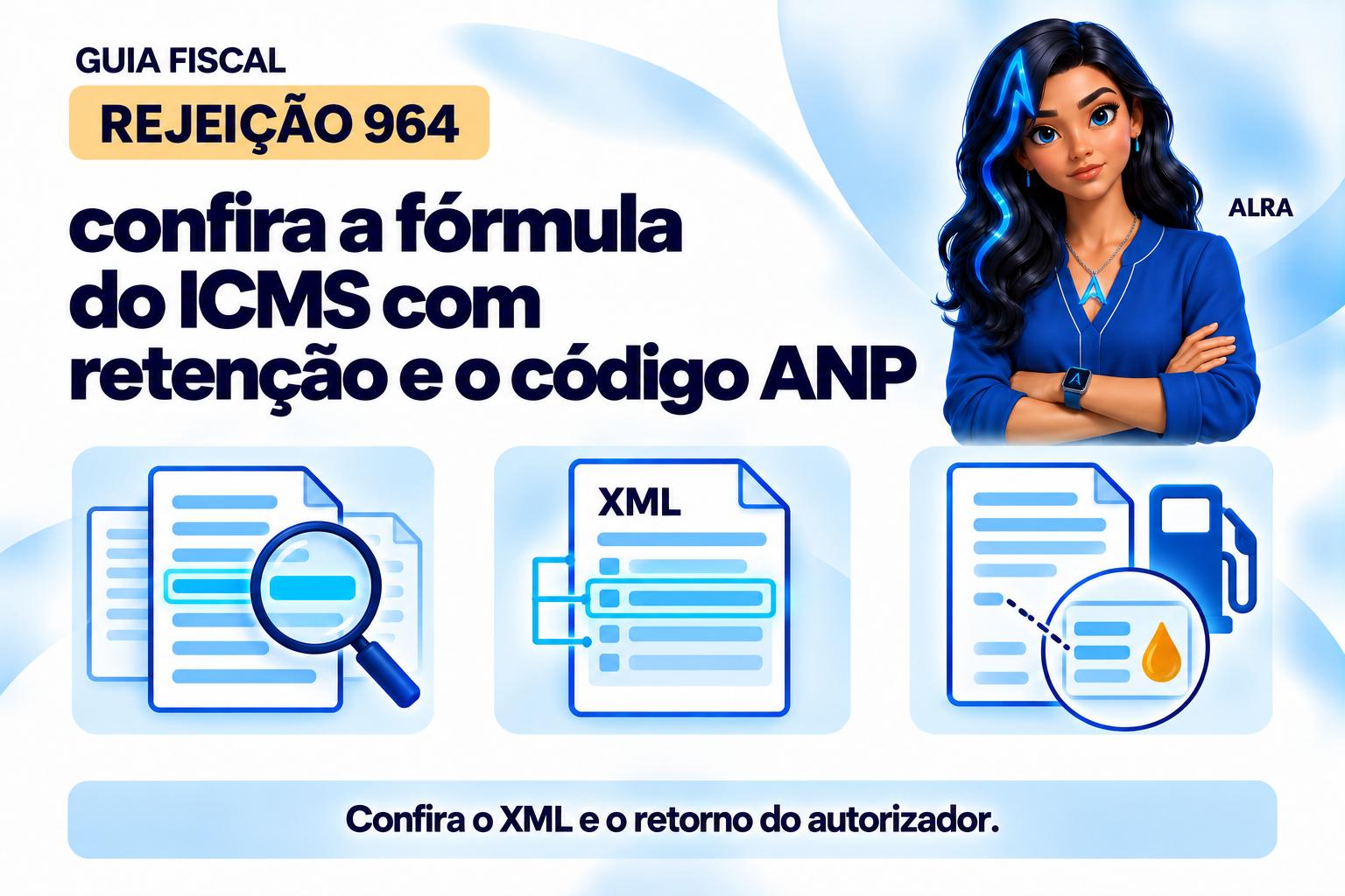 Capa ilustrada da ALRA: Rejeição 964: confira a fórmula do ICMS com retenção e o código ANP.