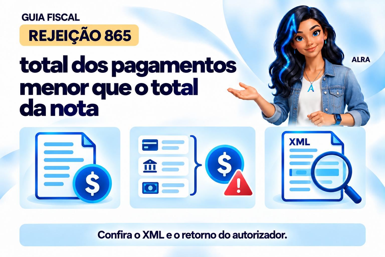 Capa ilustrada da ALRA: Rejeição 865: total dos pagamentos menor que o total da nota.