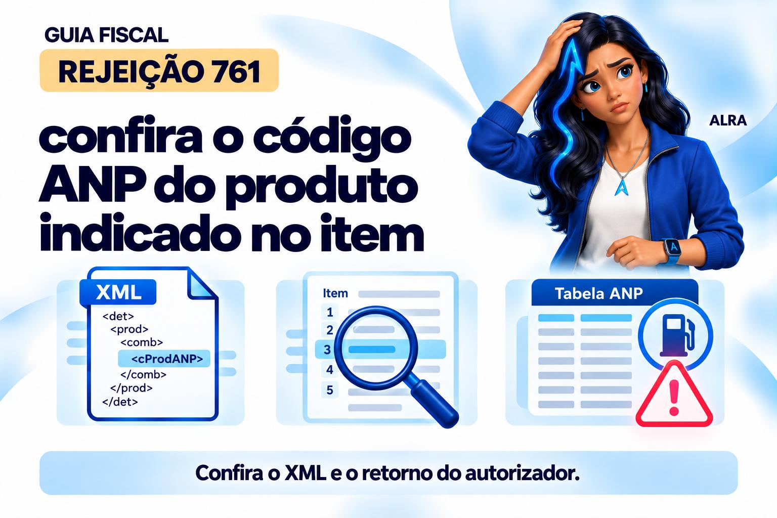 Capa ilustrada da ALRA: Rejeição 761: confira o código ANP do produto indicado no item.