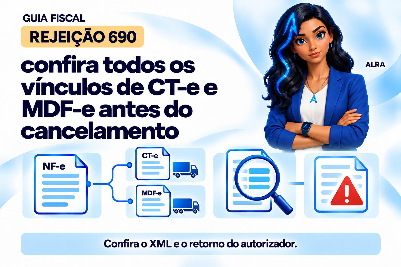 Capa ilustrada da ALRA: Rejeição 690: confira todos os vínculos de CT-e e MDF-e antes do cancelamento.