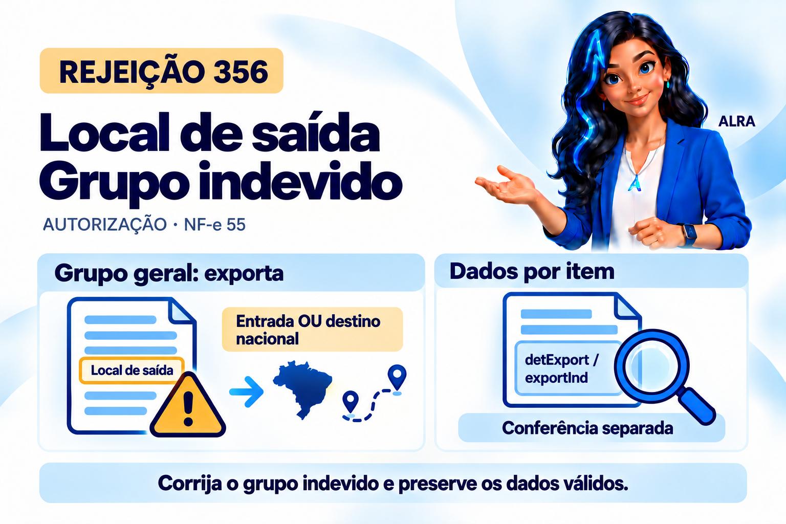 Capa ilustrada da ALRA: Rejeição 356: quando retirar o local de saída do país da NF-e.
