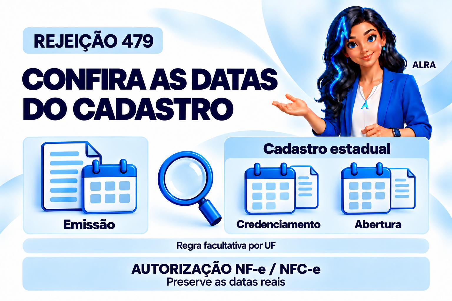 Capa ilustrada da ALRA: Rejeição 479: verifique a data de emissão e o cadastro estadual do estabelecimento.