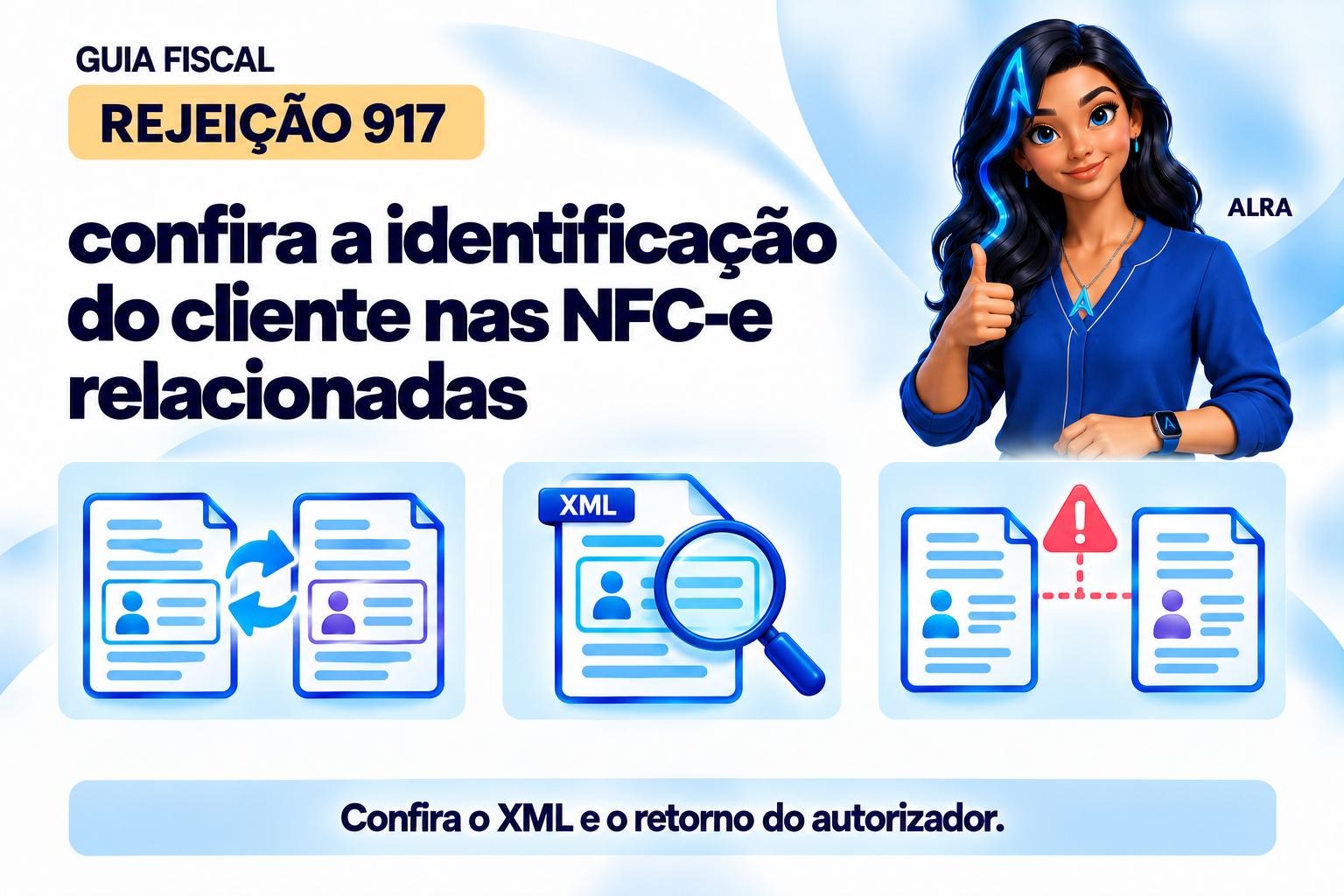 Capa ilustrada da ALRA: Rejeição 917: confira a identificação do cliente nas NFC-e relacionadas.